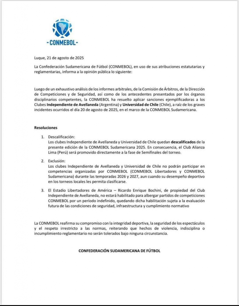 Comunicado que anduvo circulando en redes. Desmentido por CONMEBOL