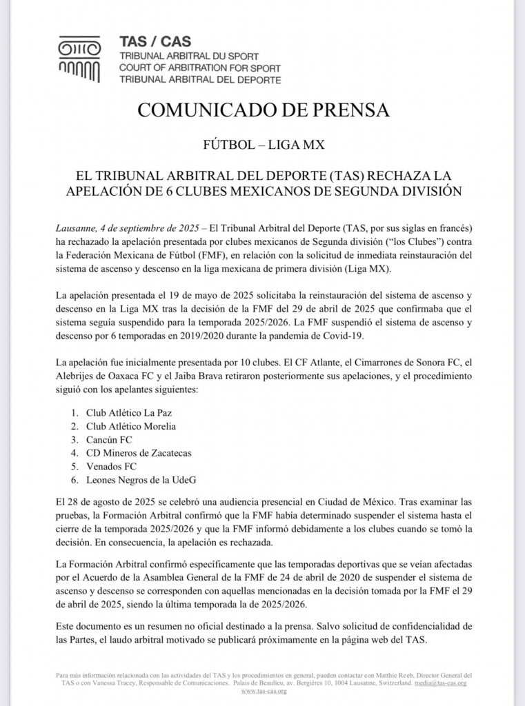 Comunicado oficial del TAS