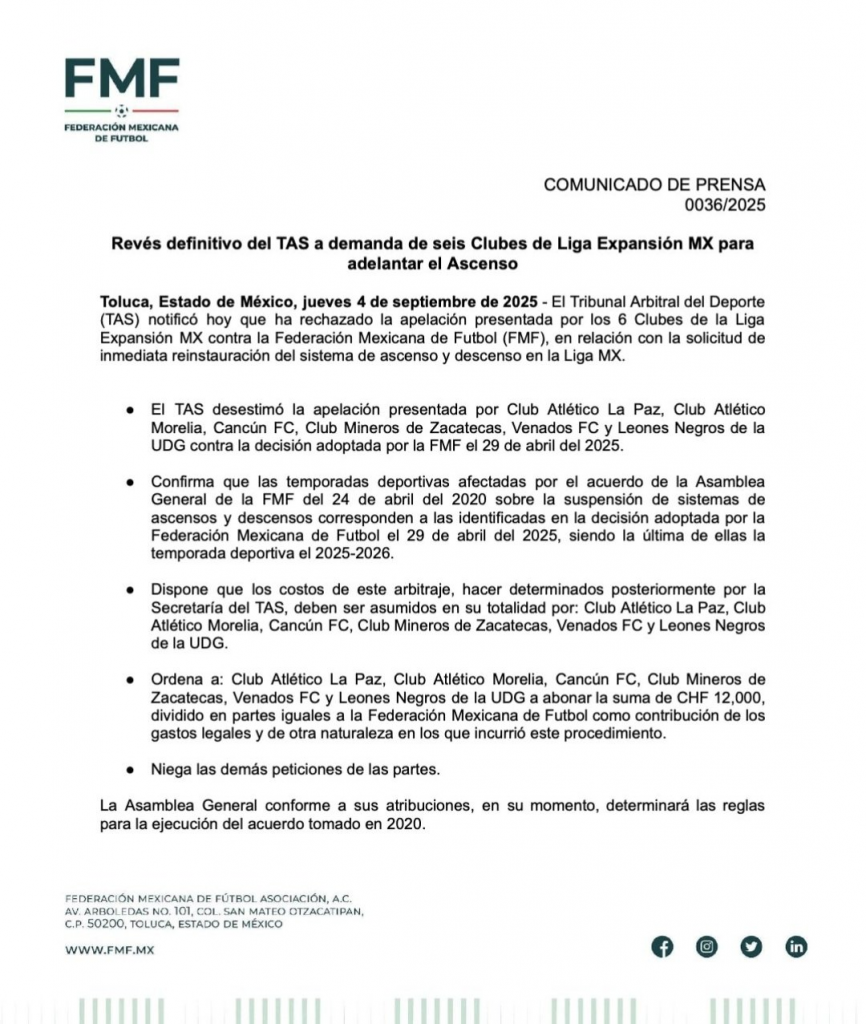 Comunicado de la FMF